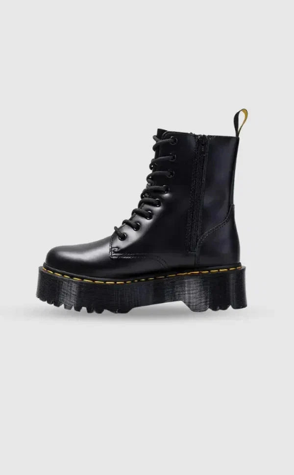 AssertStride black platform lace-up boots for women. Chunky sole & bold design; perfect trendy ankle boots.
