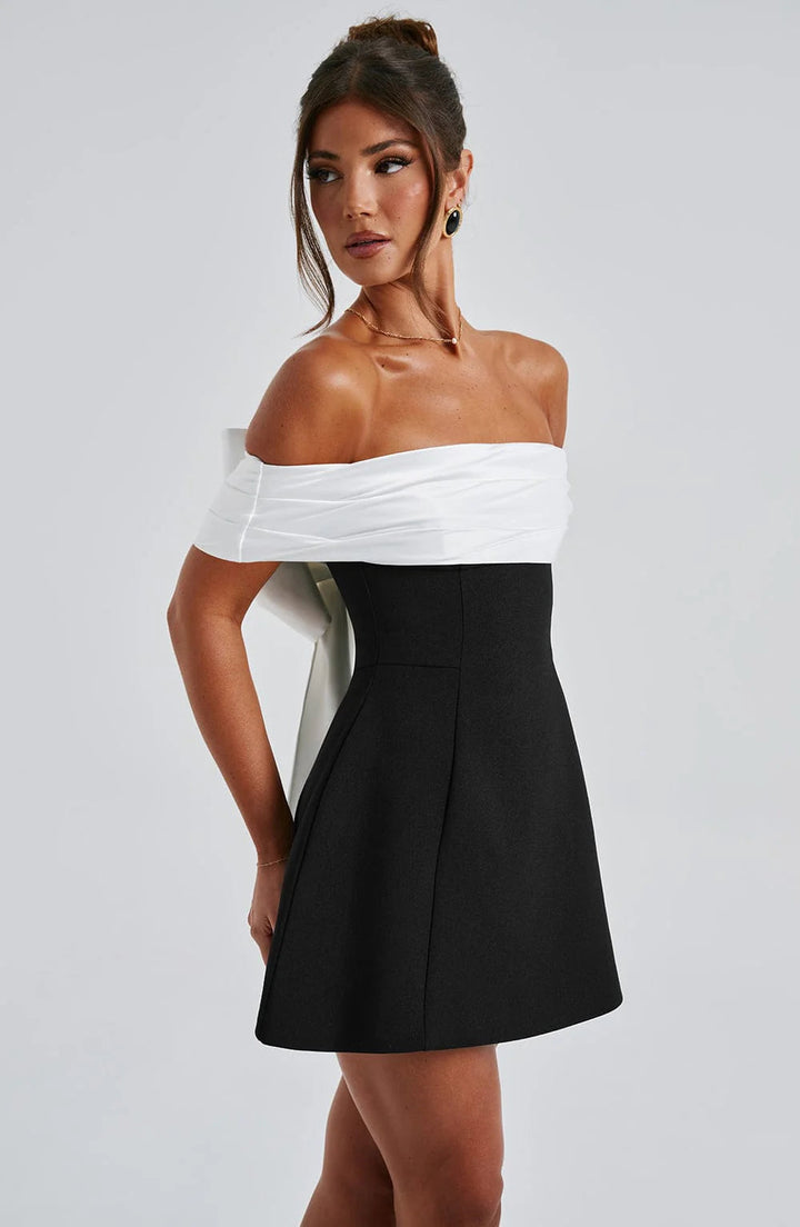 Stylish bardot neckline party dress in classic black for women