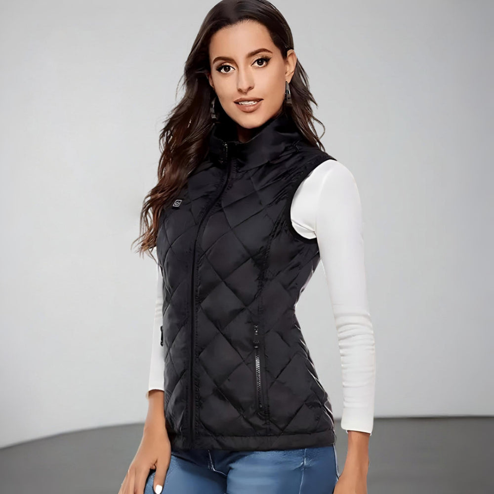 Model wearing a blue USB heated vest for travel and outdoor activities