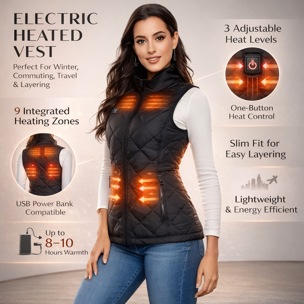 Fashionable women's heated vest, perfect for cold weather layering