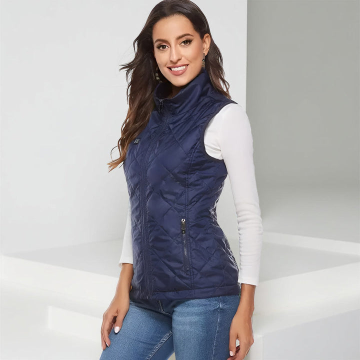 Stay warm with this women's black USB heated vest, ideal for hiking
