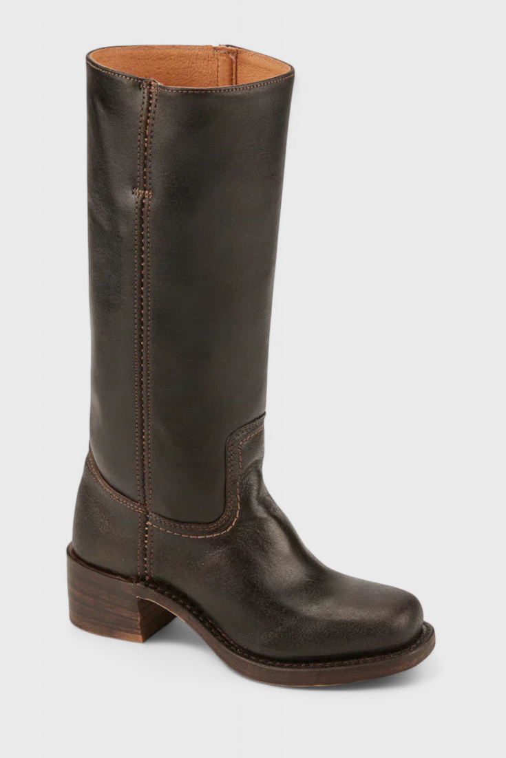 Women's knee high boots in a rich tan color, featuring a chic stacked heel.