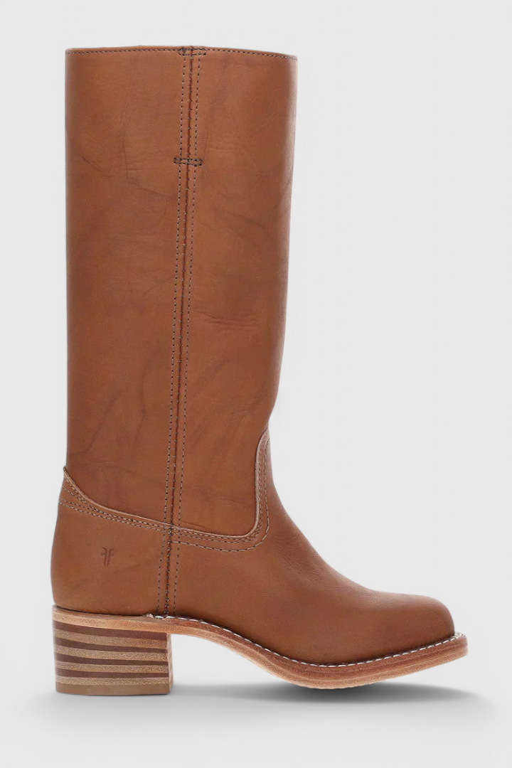 Elegant brown women's knee high boots featuring a comfortable stacked heel design.