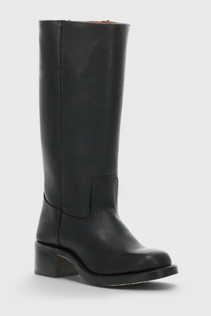Classic black knee high boots for women, offering both style and a supportive stacked heel.