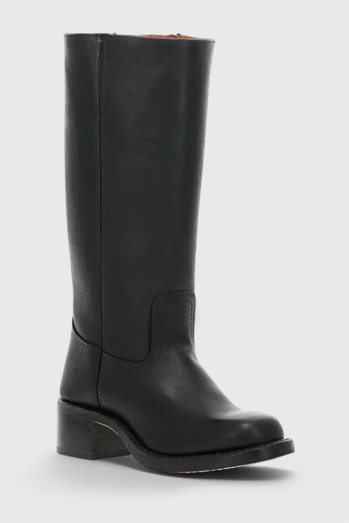 Classic black knee high boots for women, offering both style and a supportive stacked heel.