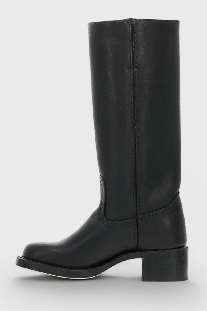 Chic brown leather knee high boots for women, complete with an attractive stacked heel.