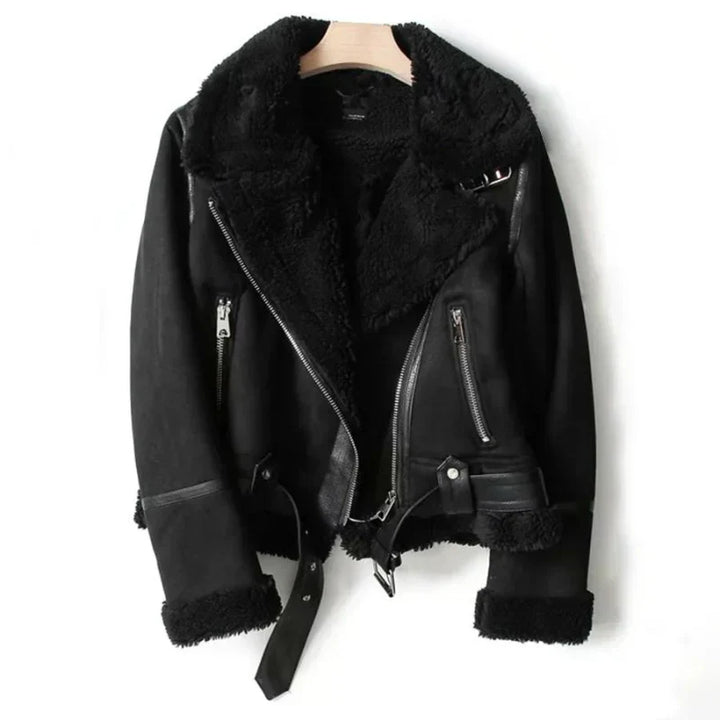 Women's black leather jacket with cozy sherpa lining for stylish winter warmth.
