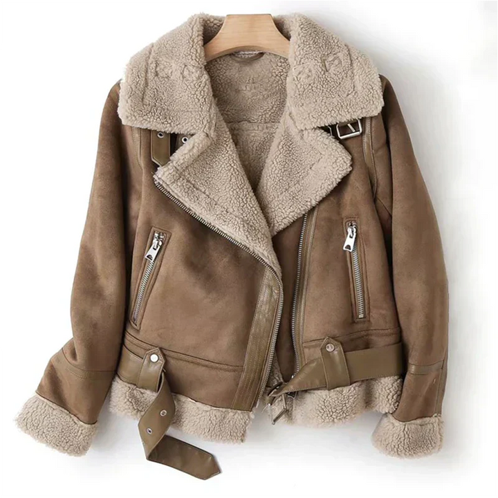 Stylish brown leather jacket for women featuring a warm, soft sherpa lining.