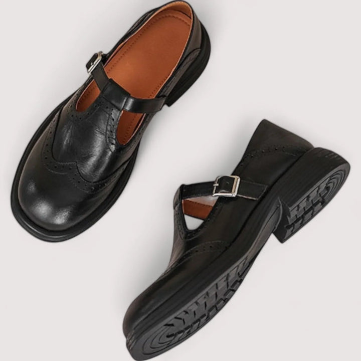 Close-up of women's comfort Mary Jane dress shoes with orthopedic support.