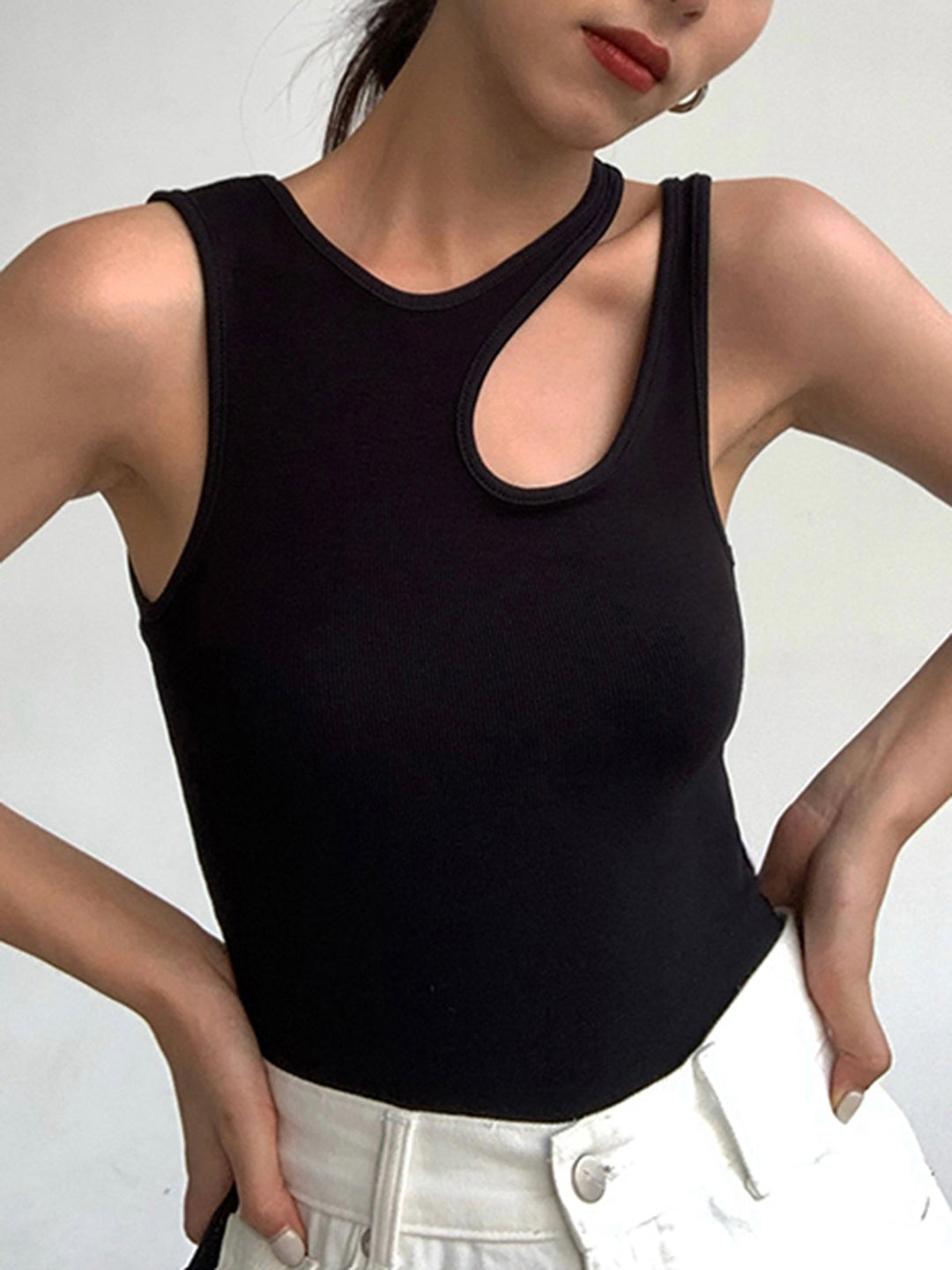 Versatile women's ribbed cutout tank top in black, modern and stylish design