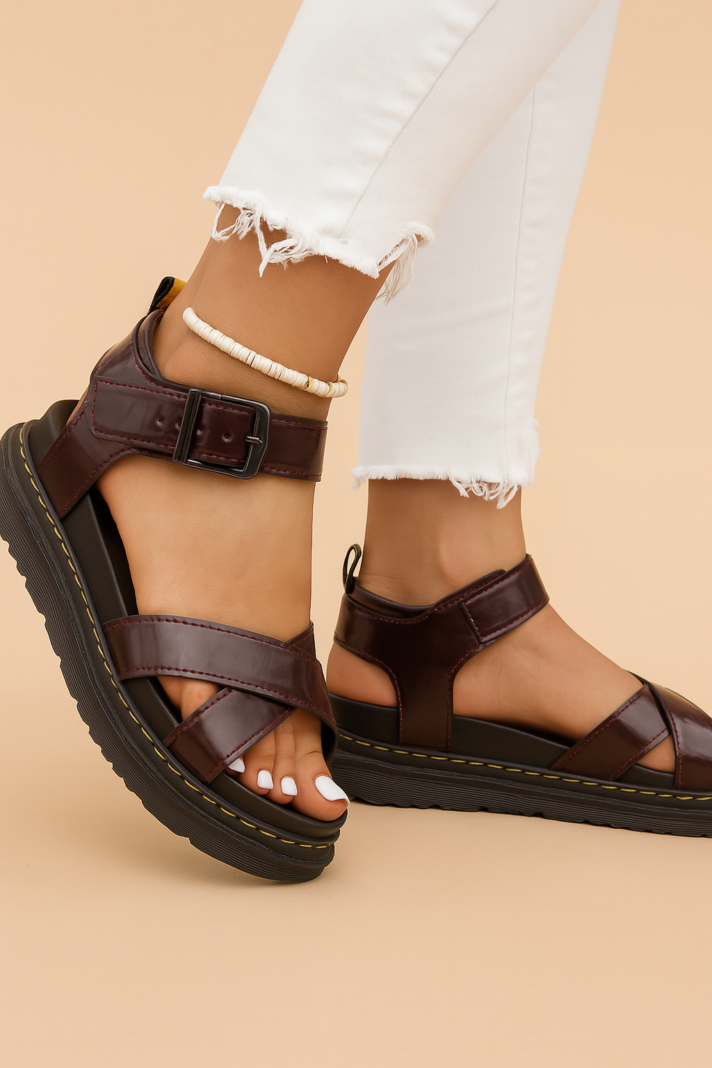 Close-up of women's open-toe platform sandals featuring adjustable buckle straps for a secure fit.
