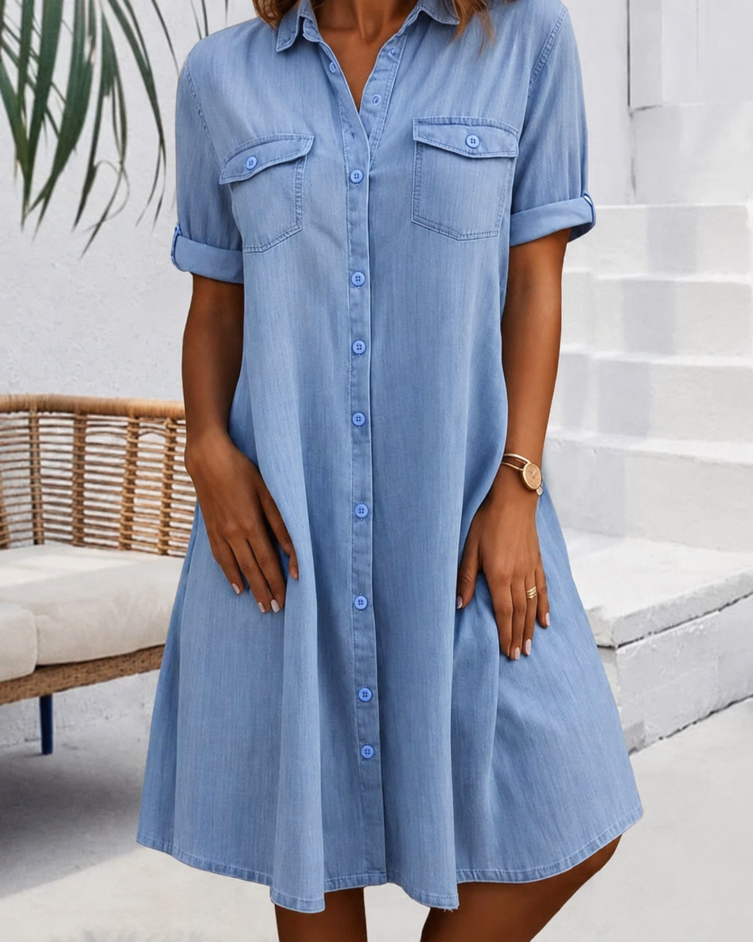 Women's stylish button-front blouse dress in a comfortable A-line midi fit, perfect for everyday casual wear.