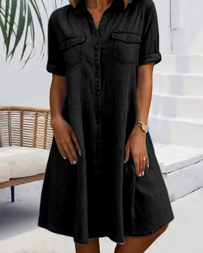 Stylish women's button-front A-line midi blouse dress, offering versatile fashion & comfort for any occasion.