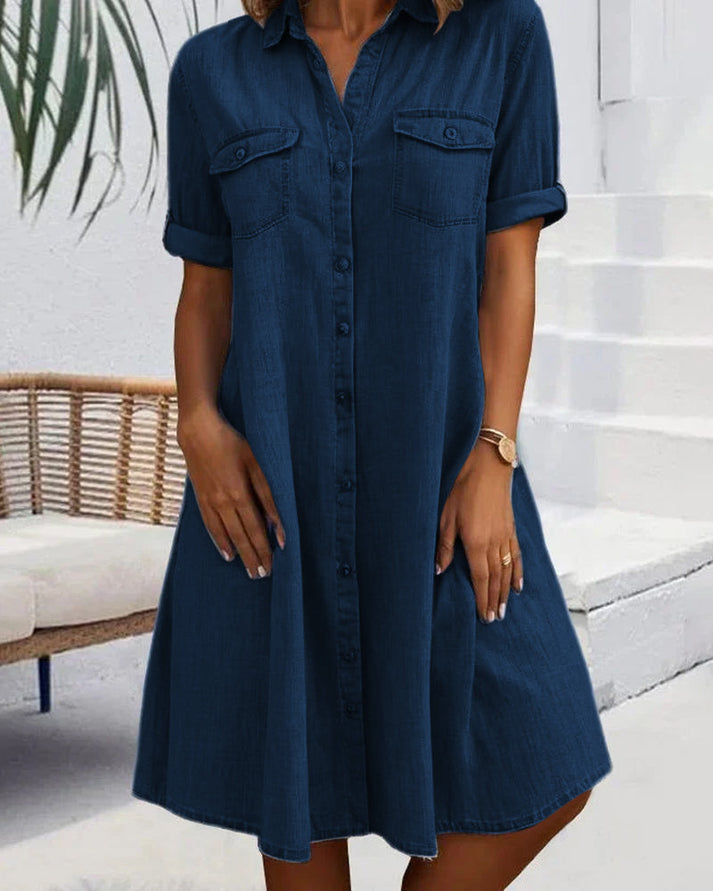 Comfort-fit women's midi blouse dress with elegant button-front design. A-line silhouette, perfect casual wear.