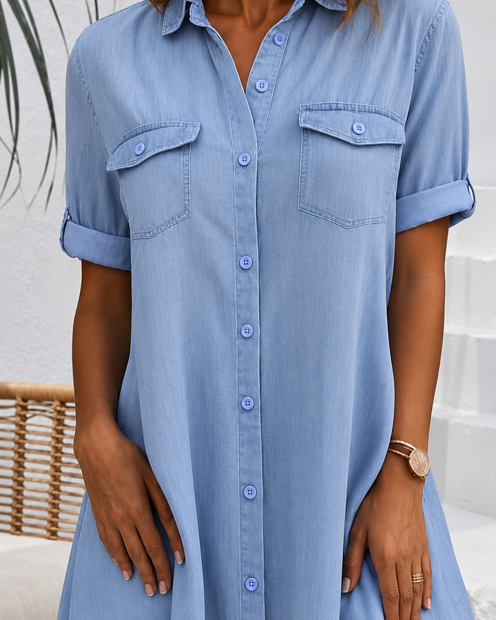 Chic women's button-front blouse dress; an A-line midi for versatile everyday fashion and effortless style.