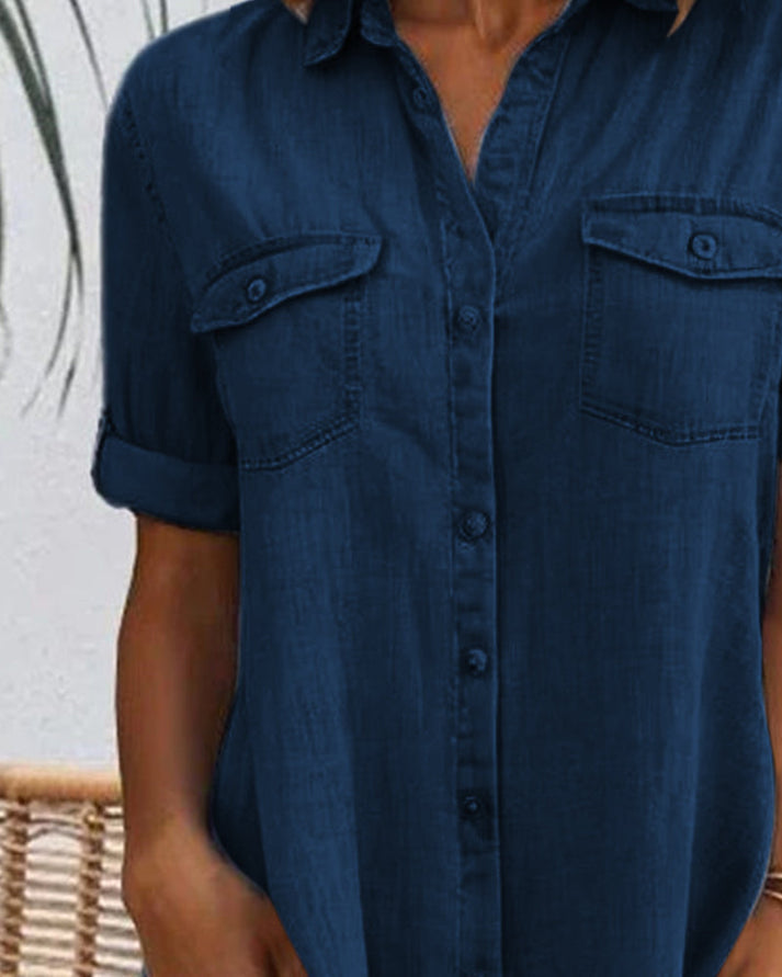 Elegant women's blouse dress, a button-front A-line midi style, ensuring comfort and versatile fashion.