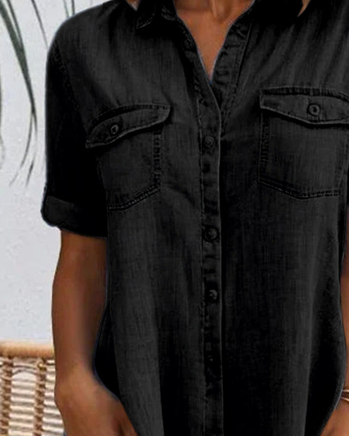 Women's stylish button-front A-line midi dress. Casual, comfortable, and versatile blouse dress for everyday.