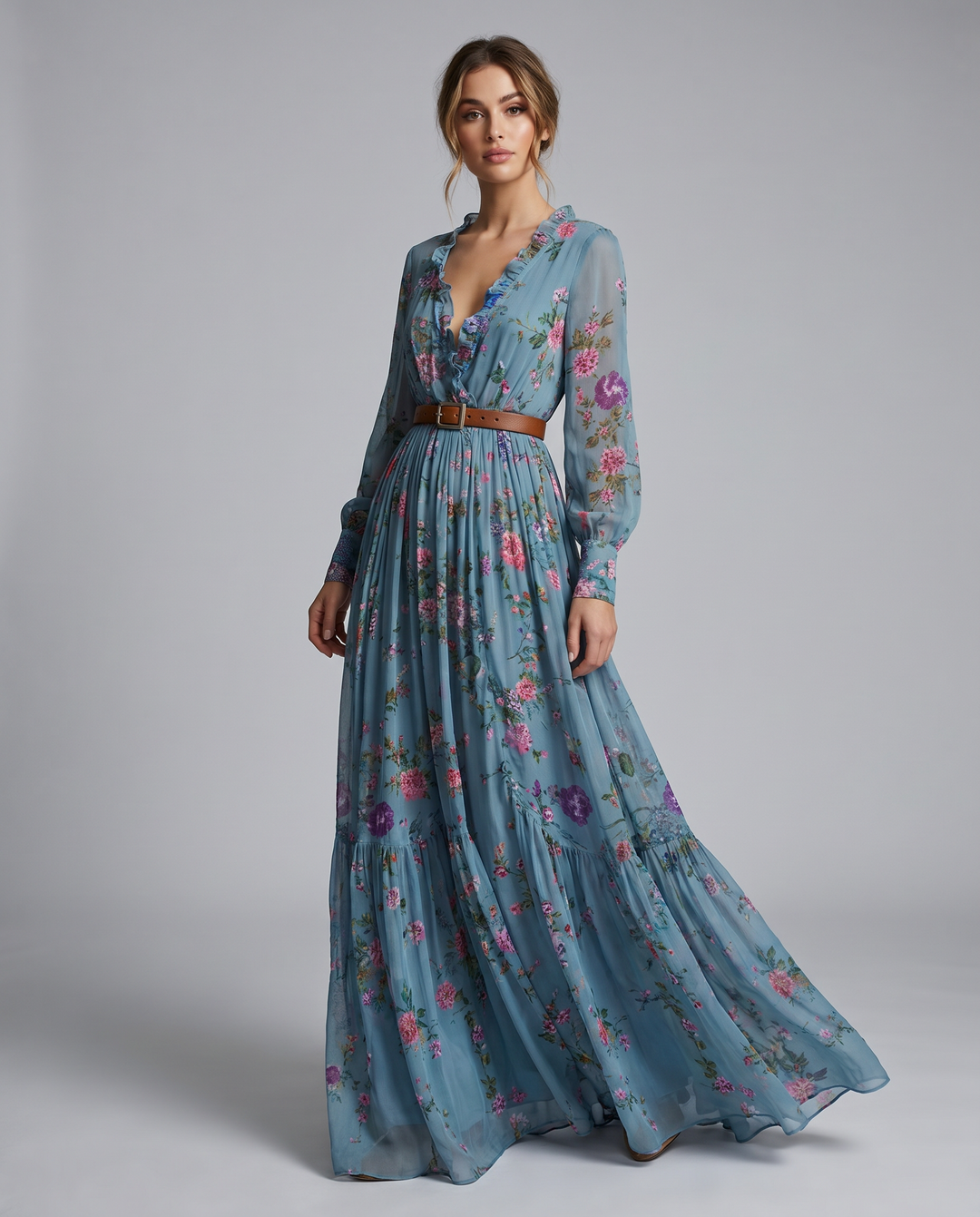 Women's Bohemian floral print maxi dress with long sleeves, perfect for spring/summer vacations. Flowing elegant style.