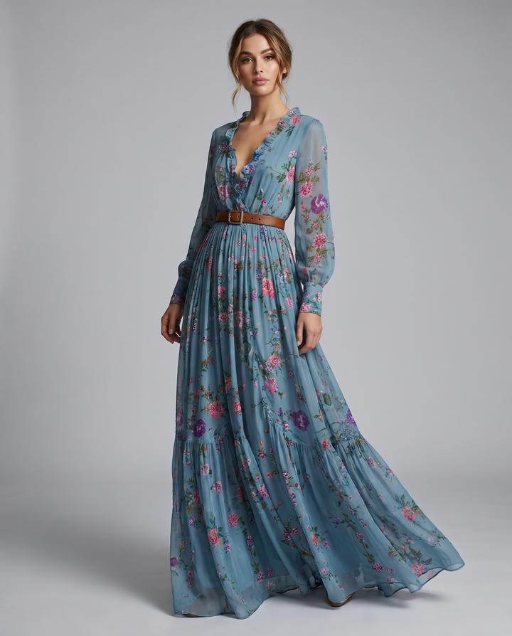 Women's Bohemian floral print maxi dress with long sleeves, perfect for spring/summer vacations. Flowing elegant style.