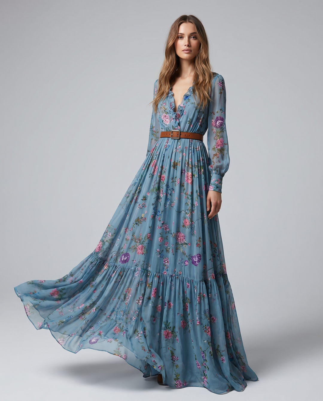 Casual turquoise floral print maxi dress for women, featuring long sleeves and a flowing bohemian style. Summer fashion.