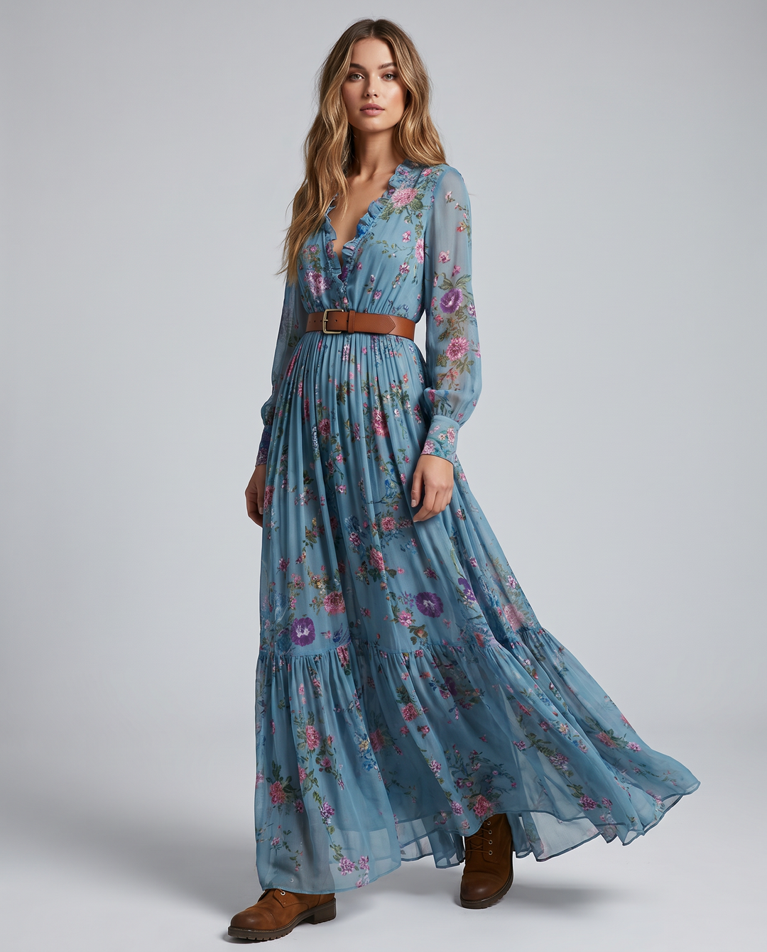 Elegant women's floral print long sleeve maxi dress, ideal for bohemian vacations or spring/summer casual wear.