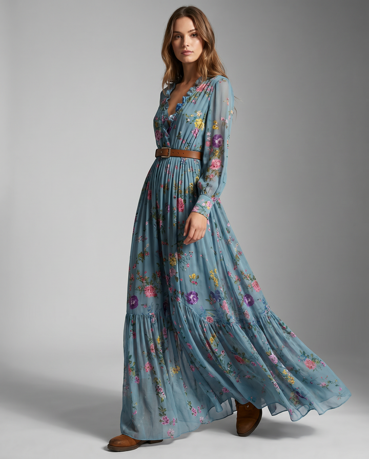 Flowing women's bohemian floral print maxi dress with long sleeves, a stylish spring/summer dress. Elegant and casual.