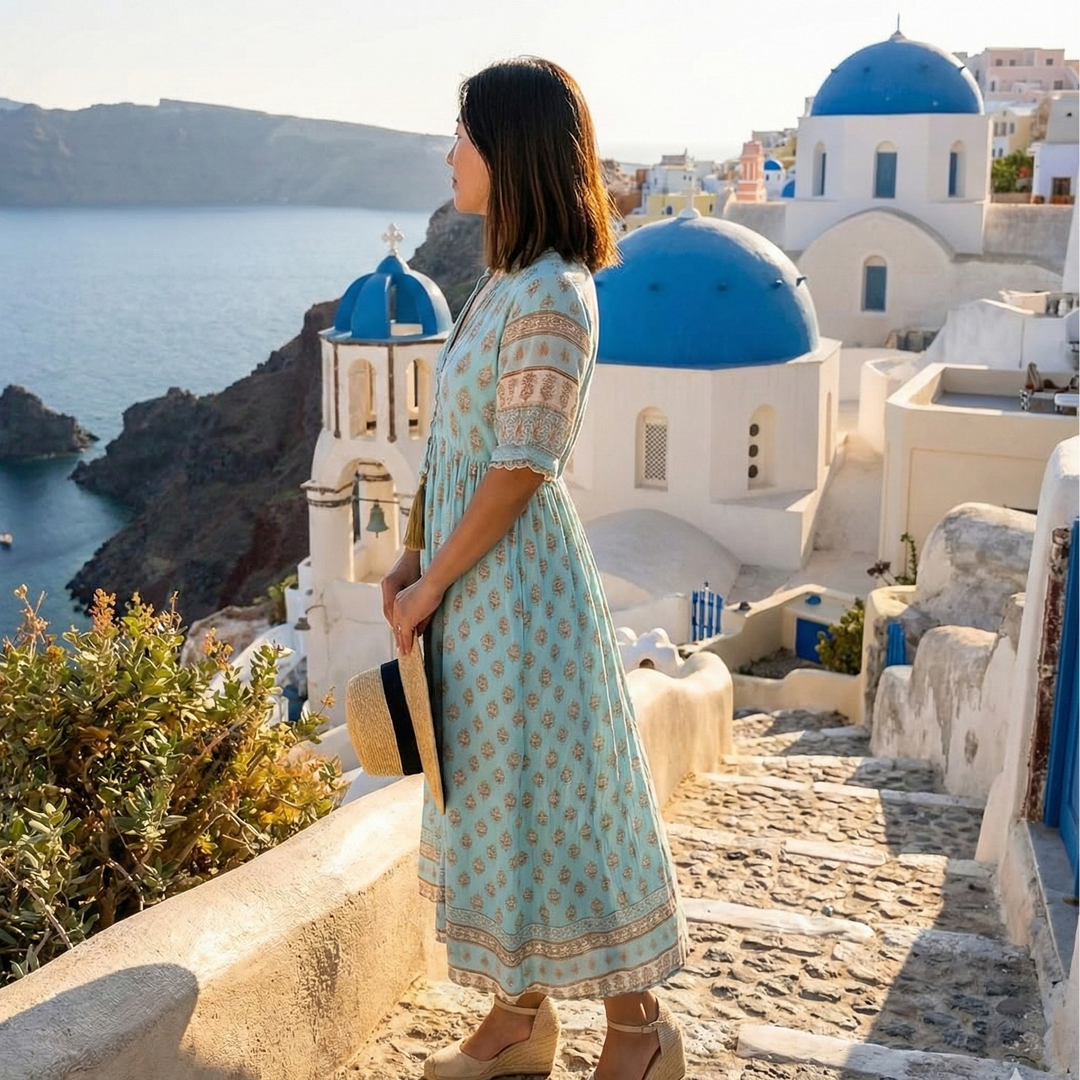 Flowy women's boho midi dress, ideal for summer beach days
