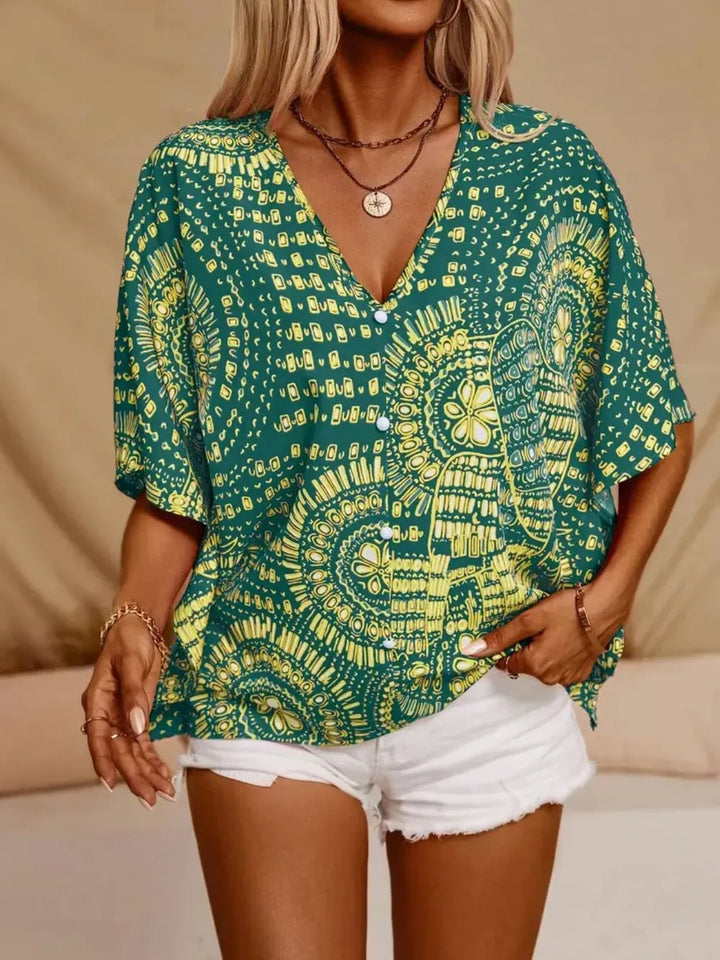 V-neck printed top for women, blending boho and casual styles