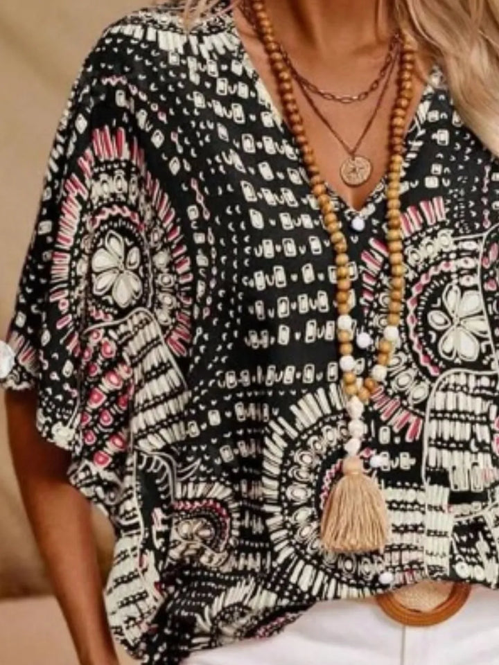 Women's casual top: comfortable v-neck with unique bohemian print