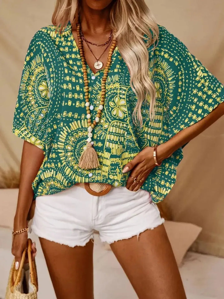 Boho chic printed v-neck shirt, ideal for sunny days