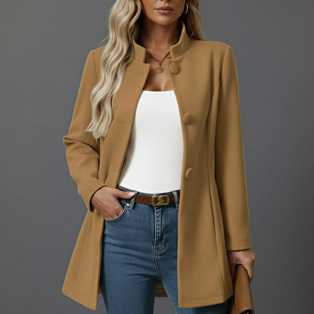Elegant women's A-line button-down coat. Perfect fall & winter outerwear with long sleeves & stand collar for stylish women.