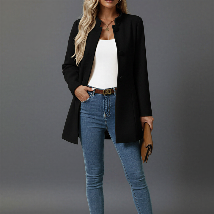 Chic women's button-down A-line coat. Versatile long sleeve outerwear jacket for modern fall and winter fashion.