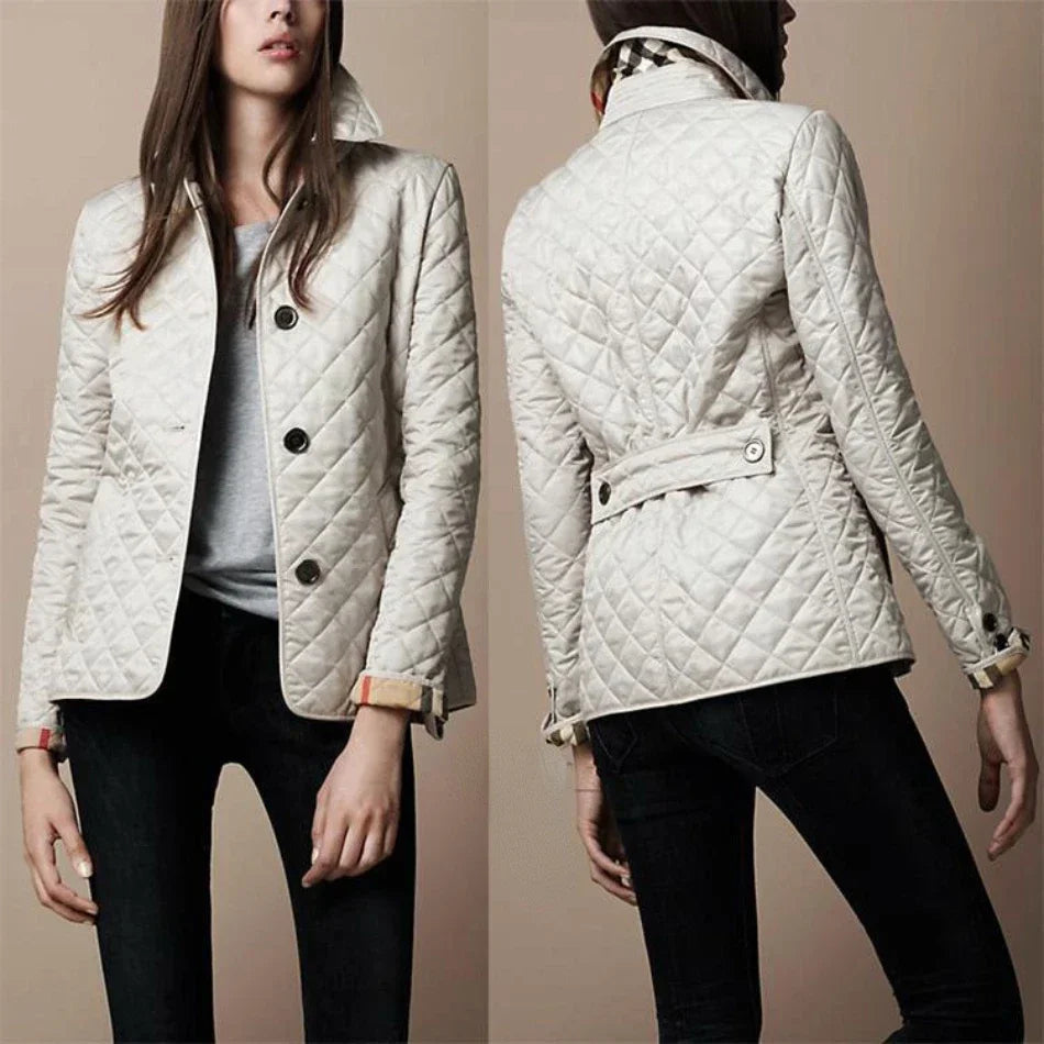 Stylish women's button-down quilted jacket. Chic fall fashion outerwear and comfortable layering piece.