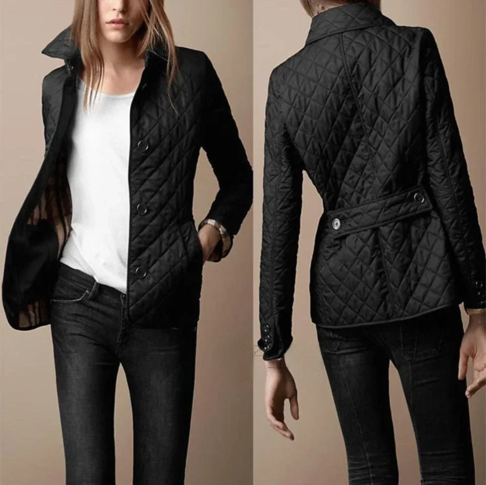 Classic women's quilted jacket with button-down front. Perfect casual outerwear for fall and winter style.