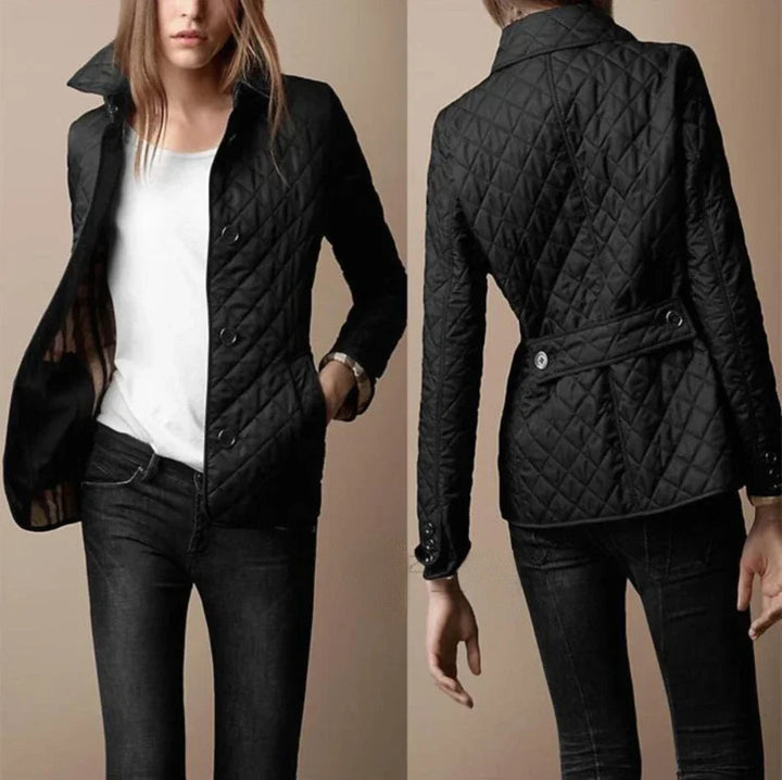 Classic women's quilted jacket with button-down front. Perfect casual outerwear for fall and winter style.