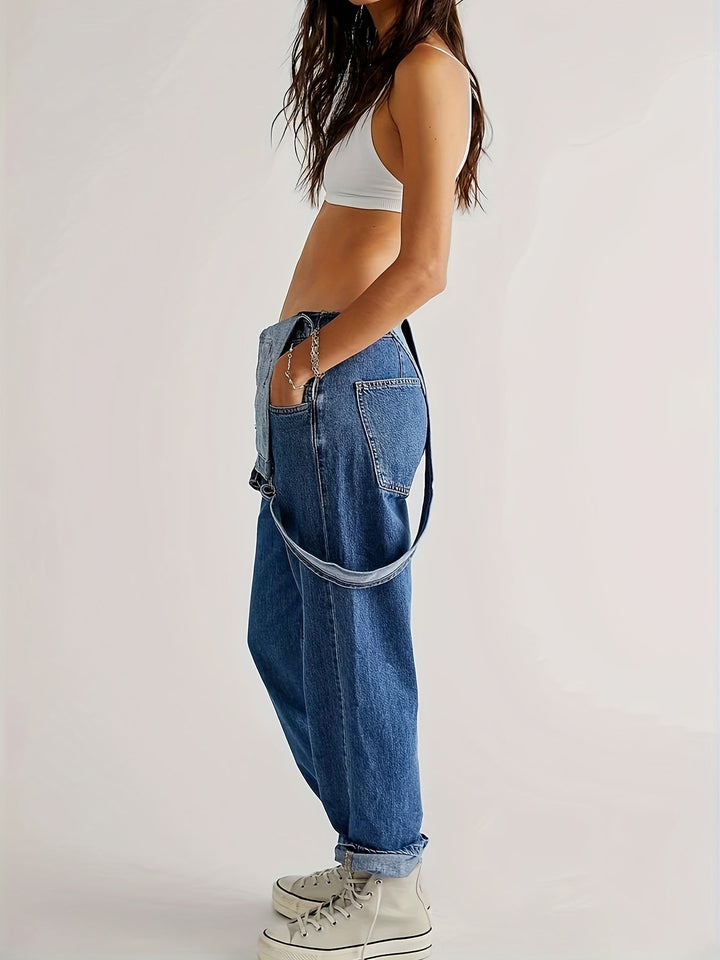 Modern women's denim jumpsuit, loose fit, perfect for a chic casual everyday outfit.