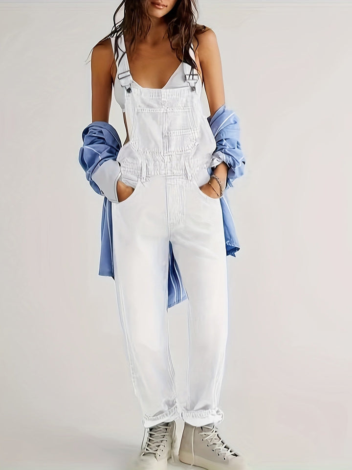 Stylish women's denim overall with practical pockets, ideal for spring & summer casual wear.