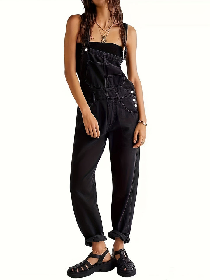 Fashionable women's denim jumpsuit, comfortable loose fit for spring and summer everyday style.