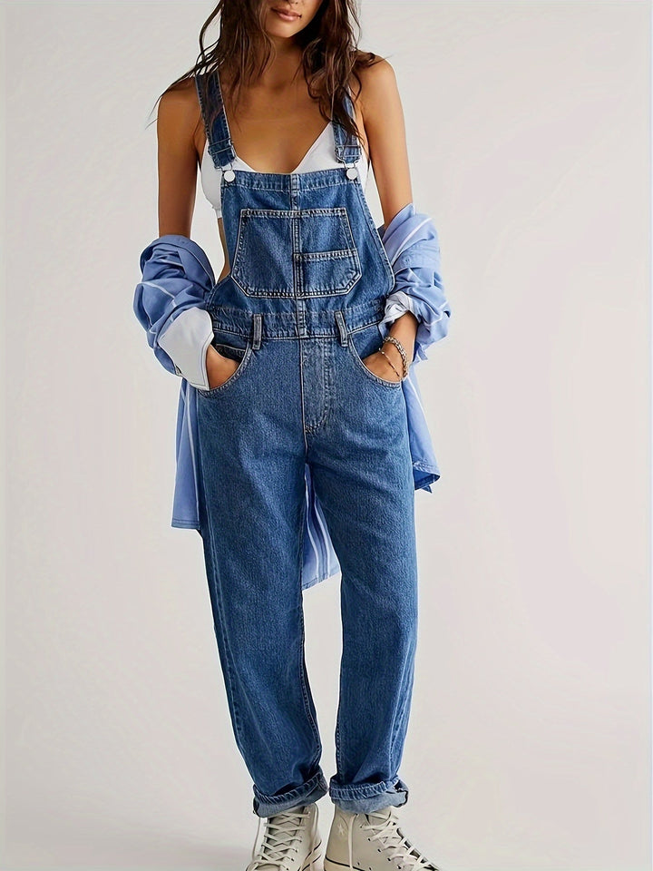 Casual women's denim jumpsuit, versatile everyday outfit for modern fashion trends.