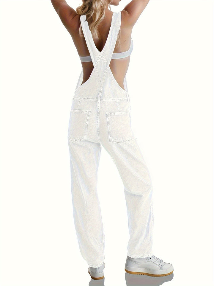 Comfortable loose fit women's denim jumpsuit, perfect for everyday casual style and comfort.