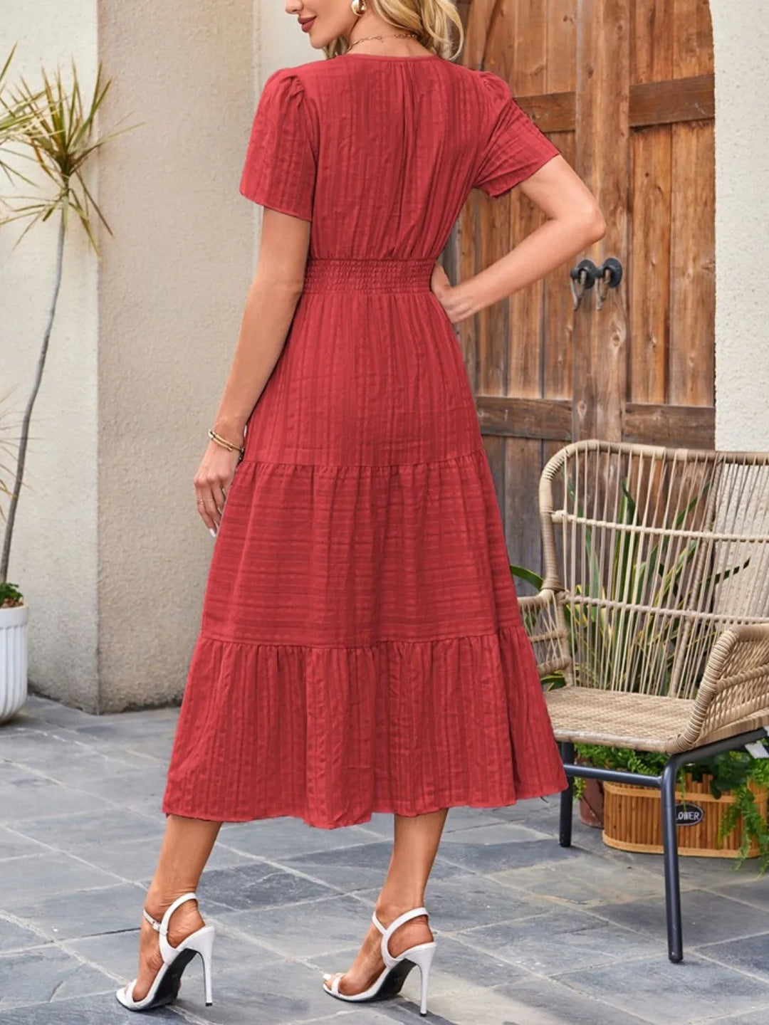 Modest midi dress with short sleeves, offering both style and comfort.
