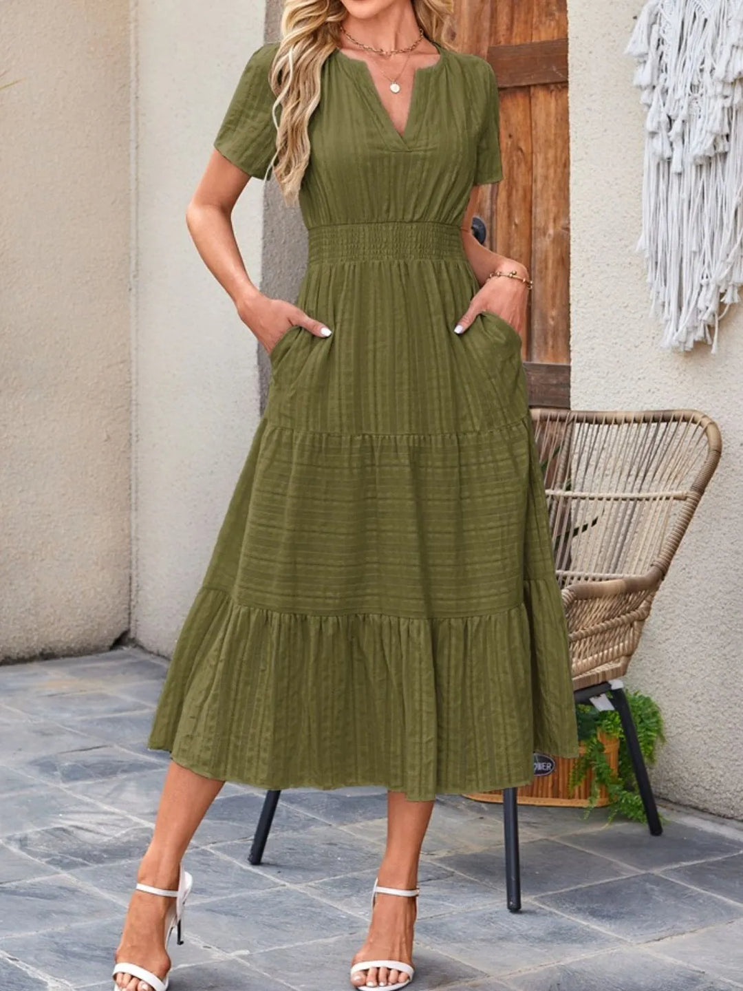 Work-appropriate casual dress with a midi length and short sleeves.