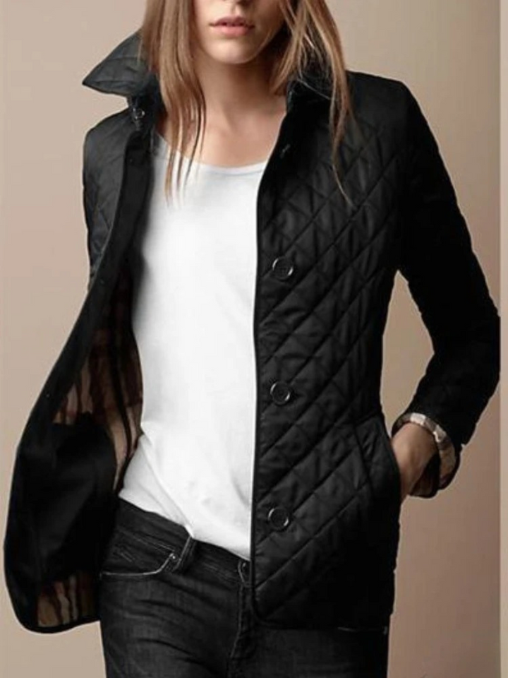 Women's casual quilted jacket with stylish turned-down collar, perfect for fall fashion.