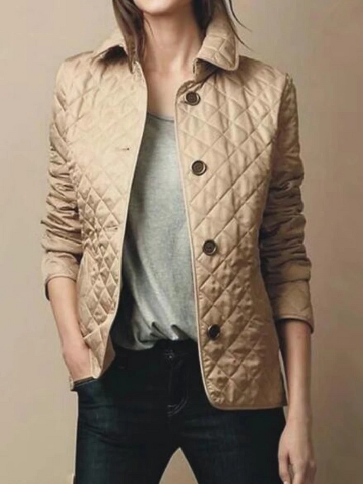 Women's casual quilted jacket featuring a classic turned-down collar, great for warmth.