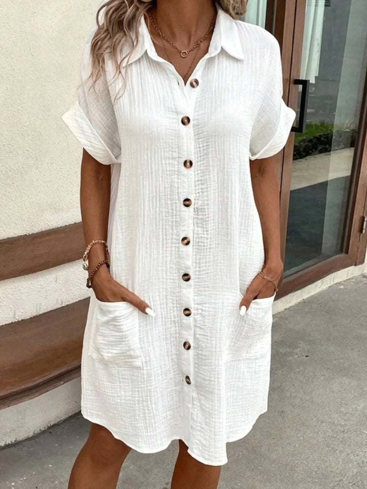 Women's casual shirt mini dress with pockets in blue stripe