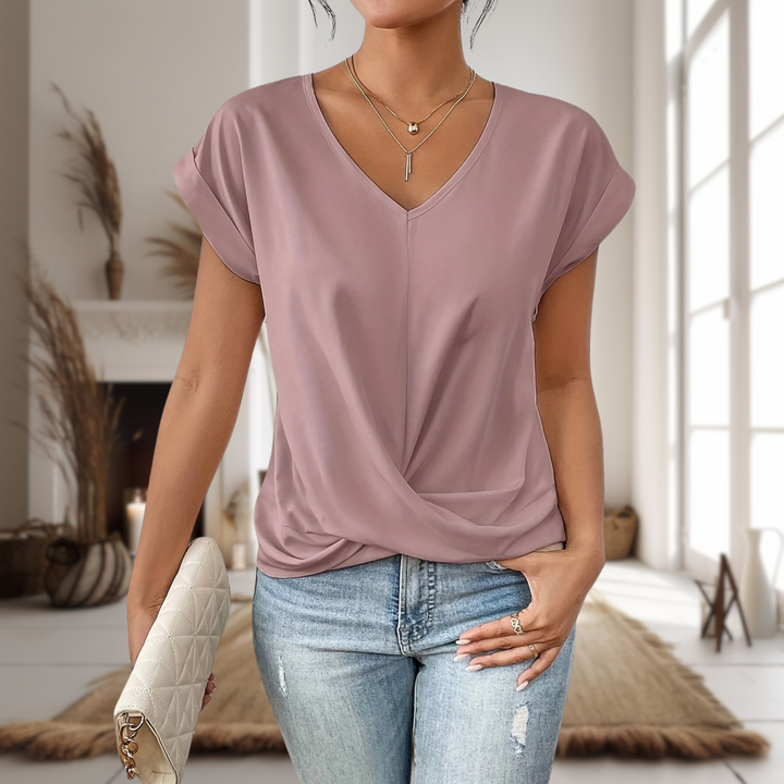 Flattering sweetheart neck t-shirt for women, designed for comfort and versatile everyday style. Ladies short sleeve top.