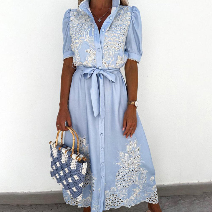 Elegant boho chic women's embroidered maxi dress. Celeste summer holiday outfit, perfect for warm casual days.