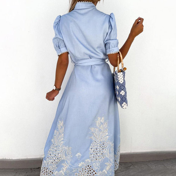 Flowy women's embroidered maxi dress for summer. Comfortable casual beach dress, ideal for holiday outfits.