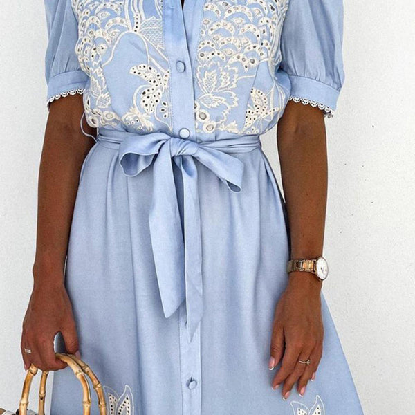 Lightweight women's Celeste embroidered maxi dress. Breezy summer beach dress with elegant boho flowy design.