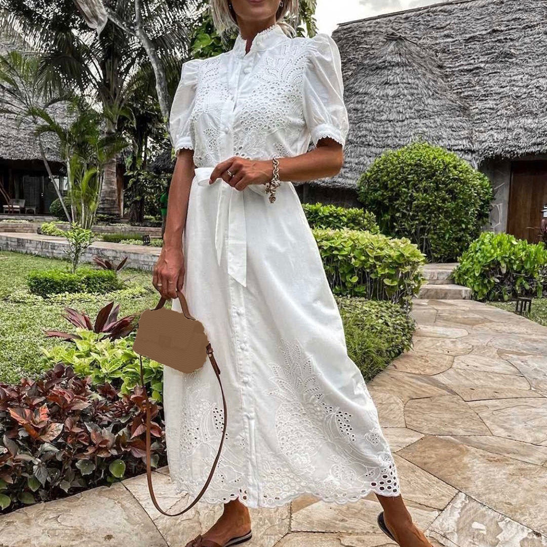 Stylish women's embroidered maxi dress. Elegant Celeste summer dress, perfect for casual or holiday wear.